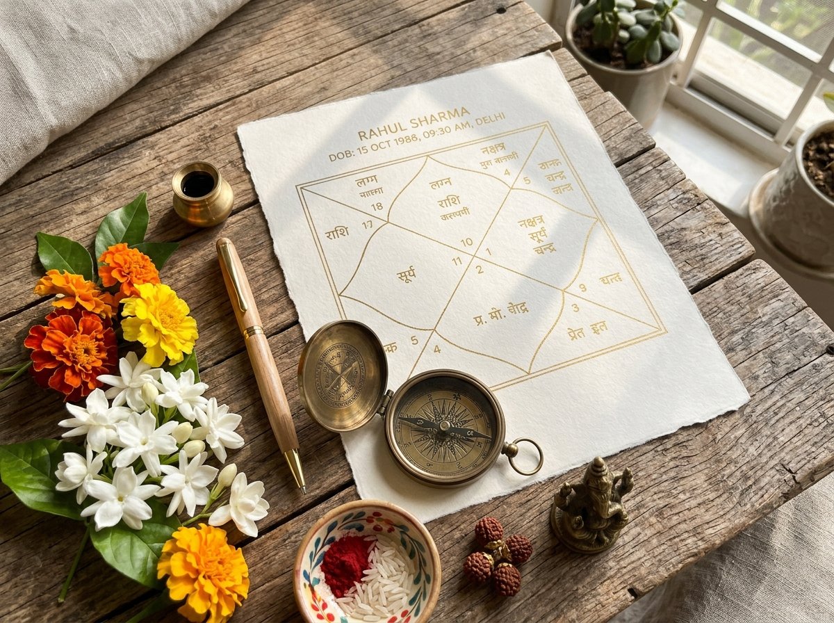 Vedic kundli chart diagram on parchment